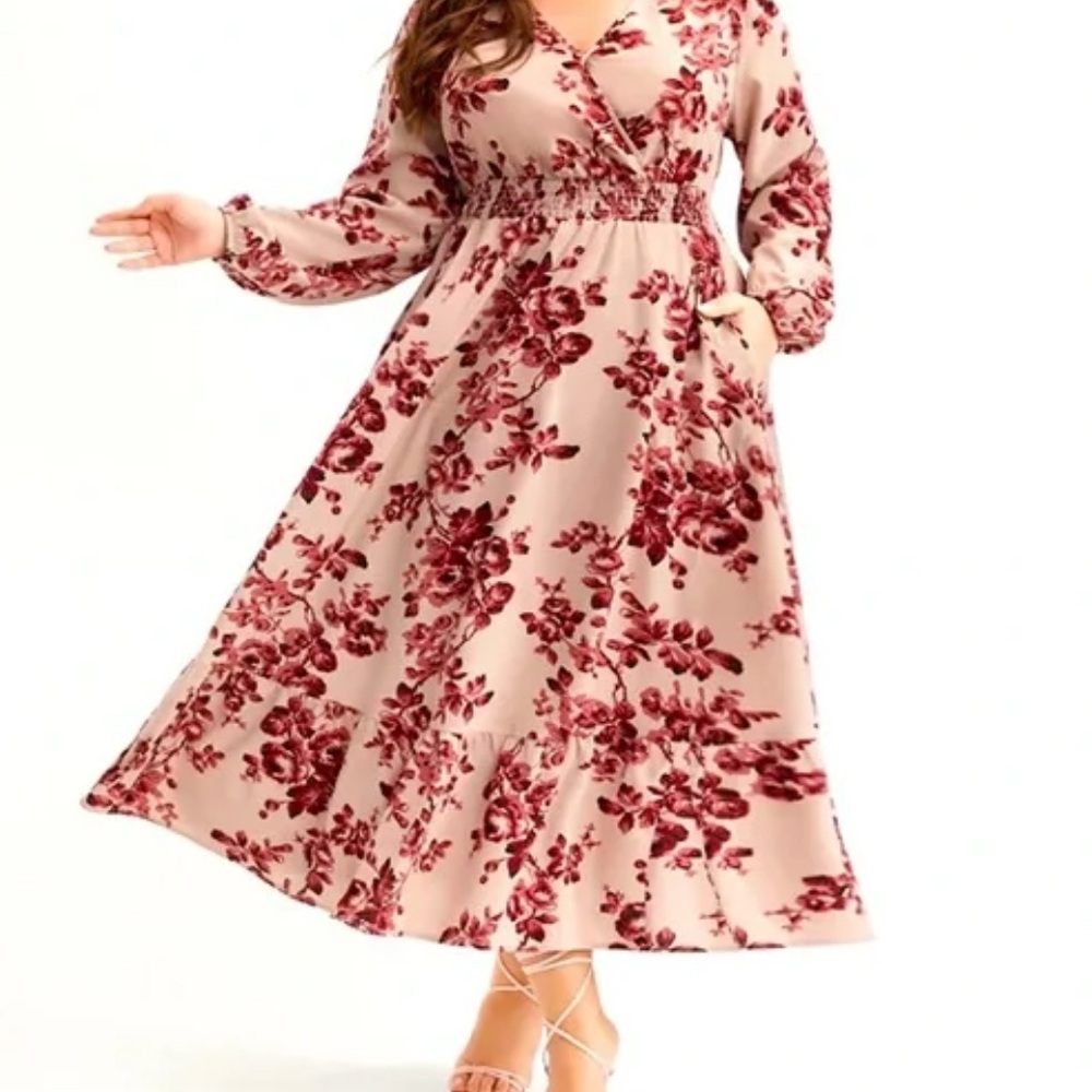 floral faux wrap, lantern sleeve, pockets, midi dress sz 18-20